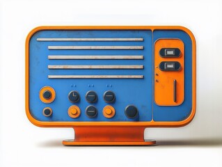 Fototapeta premium cheerful retro tabletop radio in blue and orange with horizontal speaker slats, round knobs and circular buttons, two rectangular toggles, vertical slider and short pedestal