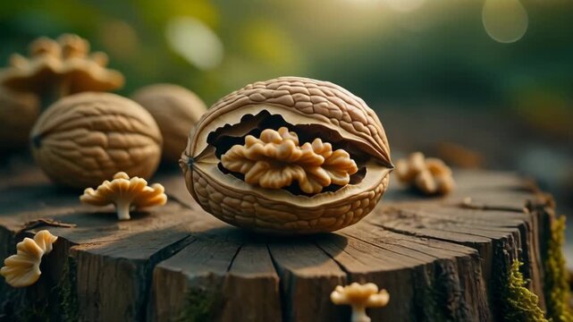 Split Walnut with Kernel Exposed on Wooden Stump Soft Sunlight