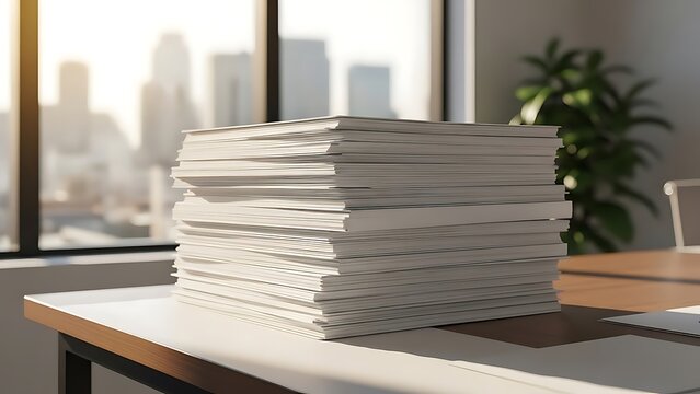 Stack of white paper on a desk, blurred background of city skyline, natural light