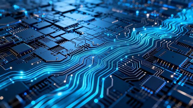 Close up of blue glowing circuit board with electronic components