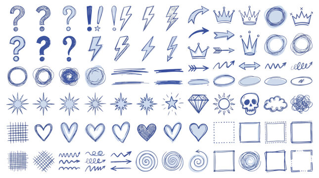 Blue scrapbook scribble doodle stickers set on notebook grid background. Crayon or pencil drawn doodle on torn edges collage blue paper. Pen note scribbles, crown, arrow and heart scrapbook clip art.