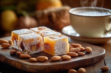 steaming cup of coffee with powdered-sugar fruit jelly cubes and scattered almonds on a rustic wooden board, warm inviting cozy scene