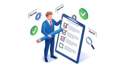 Businessman completing a checklist with a large pencil.