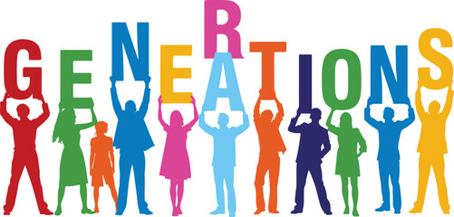 Colorful silhouettes of people holding up letters to spell out generations