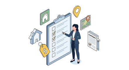 Businesswoman checking property checklist for real estate investment.