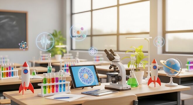 Bright STEM Classroom with Science Models and Microscope