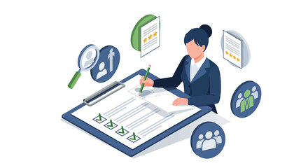 Isometric illustration of a businesswoman completing a checklist on a clipboard.