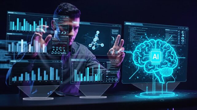 Futuristic AI Implementation in Office with Data Holograms