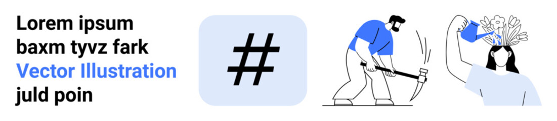 Obraz premium A metadata tag icon, person hammering, and individual watering flowers on their head represent expression, growth, work, and ideas. Ideal for creativity, teamwork, productivity innovation personal