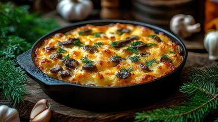 warm cheesy mushroom casserole in a cast iron skillet on a wooden board with garlic cloves and evergreen sprigs, cozy rustic comfort