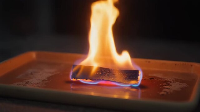 Close up of Glowing Fire Burning on a Rectangular Object on a Tray
