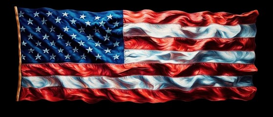 Fototapeta premium Glossy waving red and white horizontal striped fabric with a blue field of white stars on a wooden pole against a black background, evoking pride and majestic motion