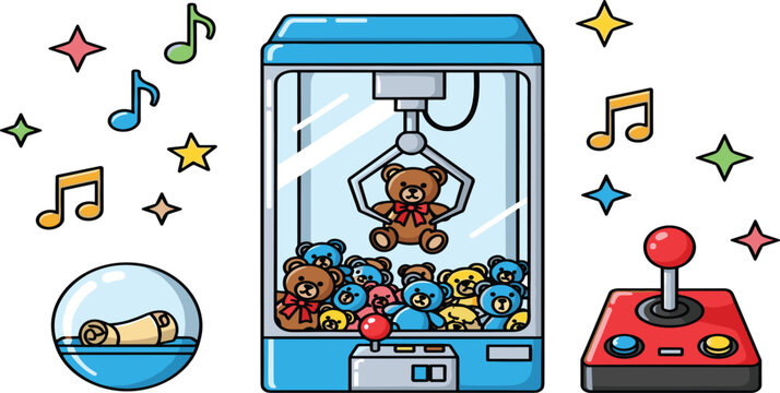 Claw machine set with a teddy bear crane game, arcade joystick, prize capsules, musical notes and stars on white background.