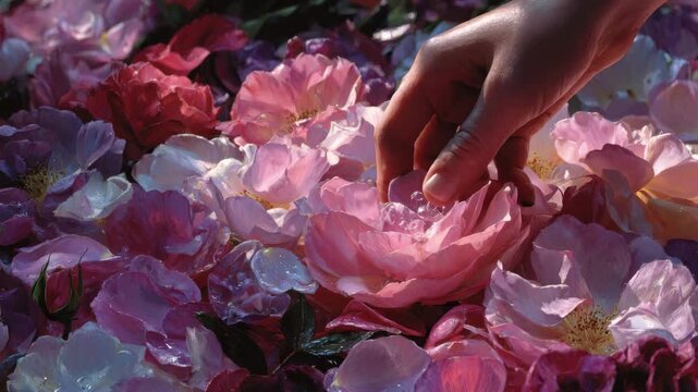 Delicate fingers grace vibrant petals in a spring bloom at a sunlit garden
