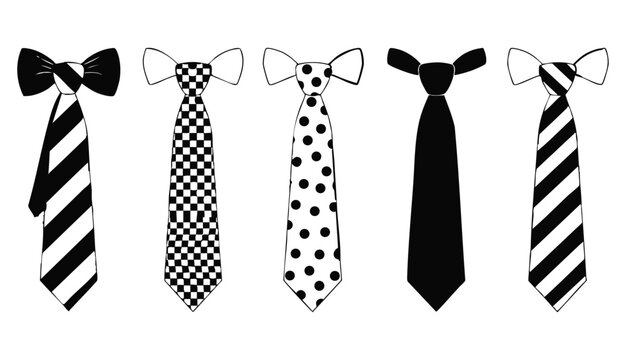 vector-style illustration featuring five distinct neckties arranged horizontally in a row against a clean white background,