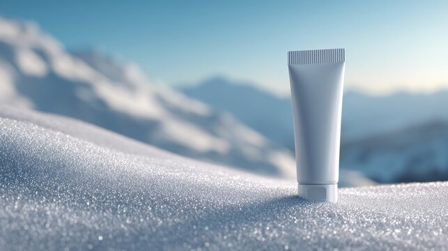 Tube of cream in a snowy mountain landscape. Winter skincare and cold weather beauty essential product.
