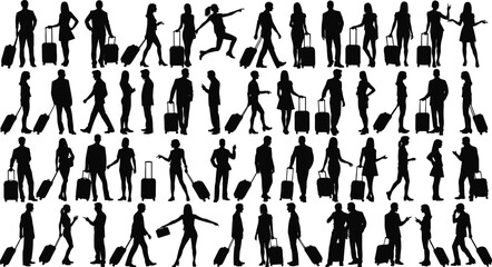 Black silhouettes of people with luggage in various poses travel airport
