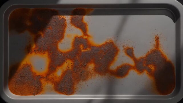 Orange Brown Rust Stains on White Tray Under Harsh Sunlight Shadows