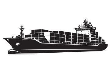 Obraz premium Ship silhouette icon side view, marine transport symbol, solid black silhouette, flat vector illustration, isolated on white background