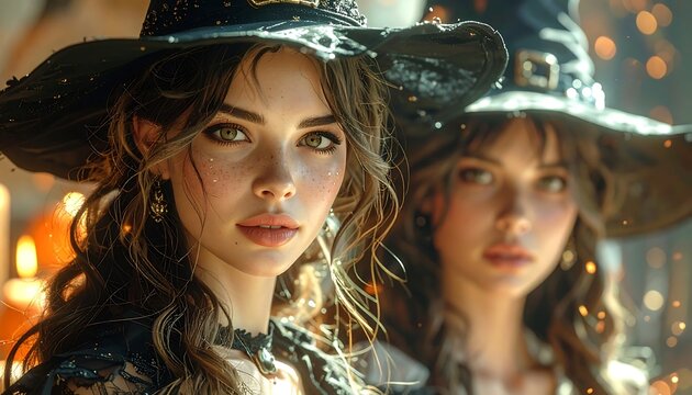 Two young women, elegantly styled and coiffed, wear black witch hats and gaze at the viewer with serene expressions