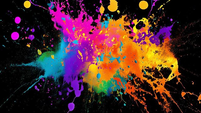 Colorful paint splatter on black background. Vibrant graffiti-inspired animated background with bold brush strokes, paint splashes, and cartoon-style grunge textures. Perfect for VJ loops, abstract 