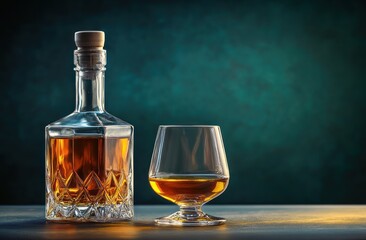 crystal decanter with cork and a snifter of amber spirit on a tabletop, warm moody lighting evoking calm sophisticated relaxation