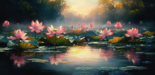 Misty sunrise over a tranquil pond filled with blooming pink lotus flowers, green lily pads and soft golden reflections