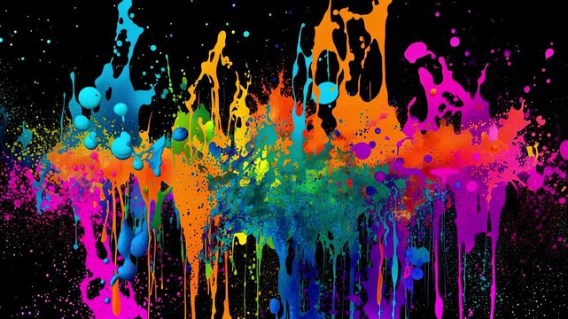 Colorful paint splatter on black background. Vibrant graffiti-inspired animated background with bold brush strokes, paint splashes, and cartoon-style grunge textures. Perfect for VJ loops, abstract 