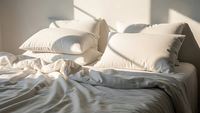 Sunlit, pristine white bed with piled pillows and rumpled sheets, evoking a feeling of calm