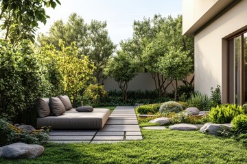 Beautiful garden landscape with modern seating area and lush greenery in bright sunlight