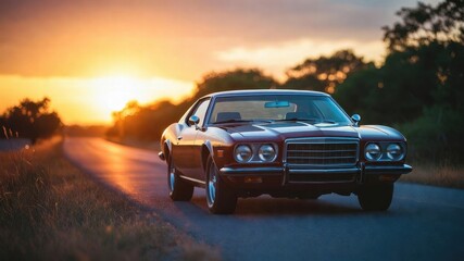 Obraz premium Vintage red muscle car on empty road at sunset displaying classic elegance.