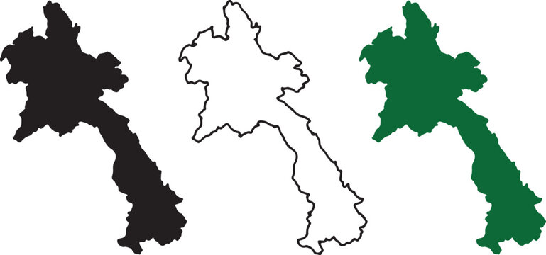 Laos Map Silhouette and Outline Set - Detailed Vector Geographic Borders of Lao People's Democratic Republic in Black, Green, and Line Art Icons for Infographics, Travel, and Education.