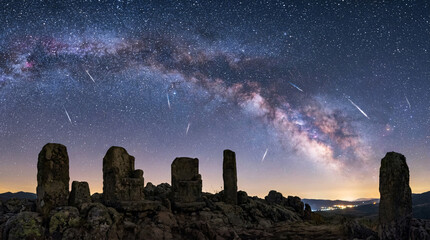 Rozgwieżdżone nocne niebo z widoczną Drogą Mleczną nad starożytnymi kamiennymi ruinami w otwartym krajobrazie