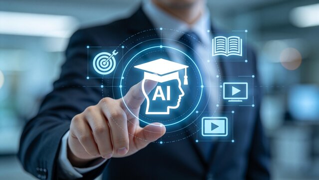 Artificial intelligence education concept,businessman touching AI head icon with graduation cap,online learning and digital training interface for smart technology development