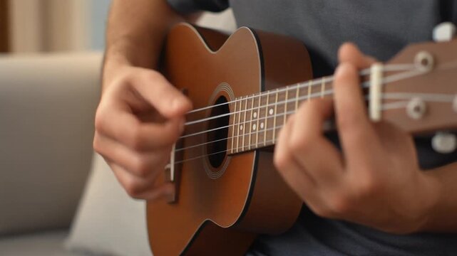 Close up of person playing ukulele.
