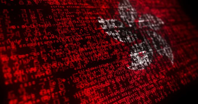 Hong Kong flag waving secure code. China blowing banner cyber security attack and hack concept animation.
