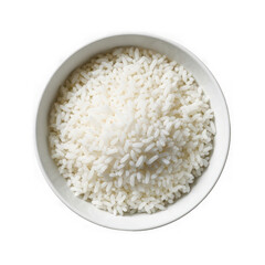 A close-up view of a white bowl filled with white rice grains, isolated on transparent background