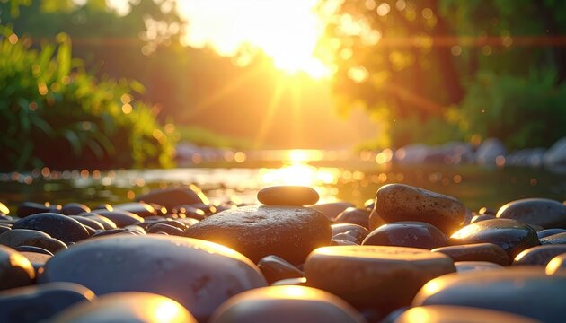 FlyPro Firefly River Stones Serene Landscape Realistic Photography Gentle Sunlight
