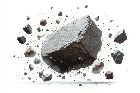 Large central boulder levitating amid flying rock fragments and dust, dramatic suspended motion conveying raw power and tense gravity-defying energy
