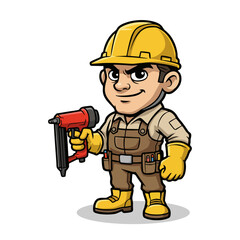 Cartoon mascot of a roofer holding a nail gun
