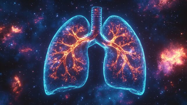 glowing neon human lungs with fiery branching bronchi and trachea floating in a vibrant cosmic starfield, evoking wonder and vitality