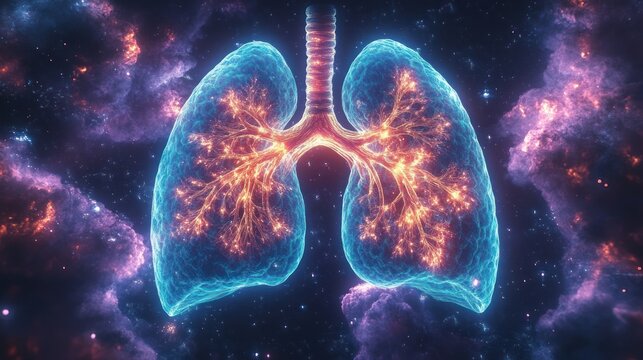 Glowing human lungs with fiery branching airways and trachea floating in a vibrant cosmic nebula, evoking wonder and mysterious vitality