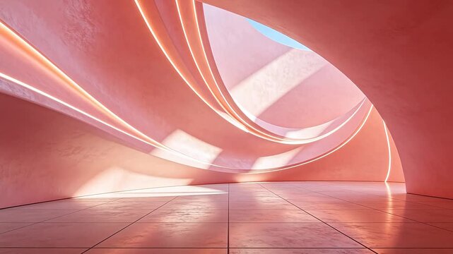 Pink modern art space with curved walls and linear lighting