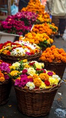 Colorful flower baskets overflow with blooms at an outdoor market. Shallow depth of field