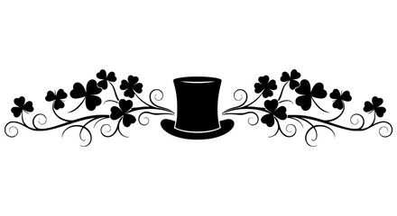 Elegant black silhouette vector illustration featuring a classic top hat, a symbol of magic and formal elegance, centered between ornate swirling scrollwork branches adorned with multiple lucky four. © Mazhar Khan