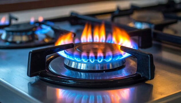A gas stovetop burner ignites with blue and orange flames, ready for cooking on a stainless-steel surface