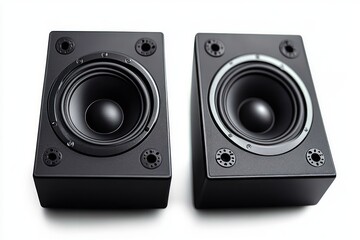 Fototapeta premium Pair of sleek black studio monitor speakers with visible woofer cones and mounting holes on a clean white background, conveying precision and power