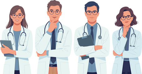 Fototapeta premium Diverse Medical Team of Doctors and Healthcare Professionals in White Lab Coats Flat Vector Illustration