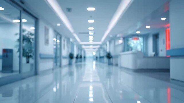 Blurred long empty hospital corridor with bright lights and reflective floor.
