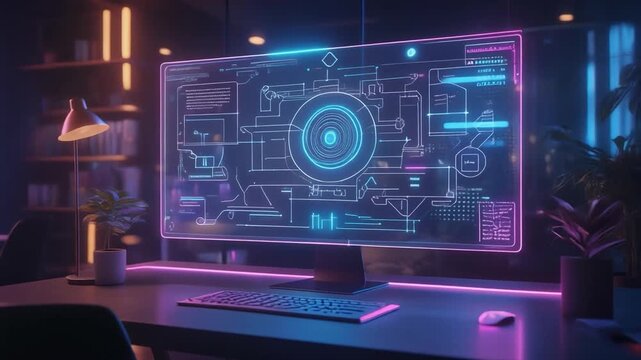 Futuristic Workspace with Neon-Lit Technology Display